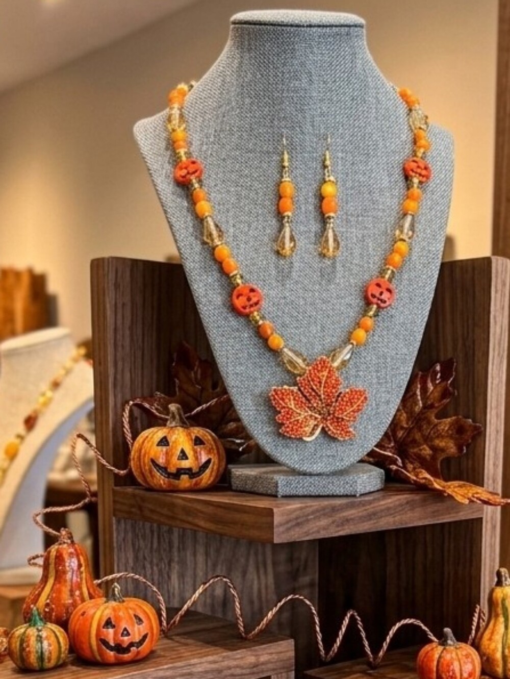 Autumn Maple Leaf Bead Necklace and Earring Set - Shell Amd Howlite beads